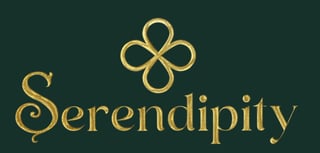 Gold Serendipity logo with four-leaf clover symbol on dark green background
